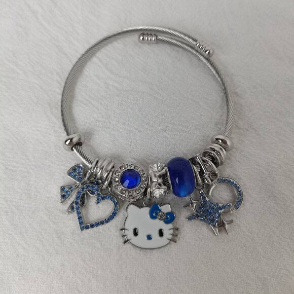 Hello Kitty Jewelry - Hello Kitty Charm Pendant Tone Bangle Bracelet Silver & Pink